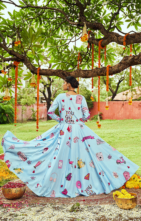 Designer Blue/Pink Muslin Cotton Digital Printed Lehenga (D62)