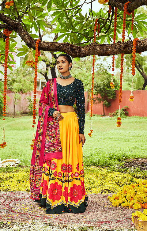 Designer Yellow/Green Muslin Cotton Digital Printed With Mirror Lehenga Choli (D64)(Deal)
