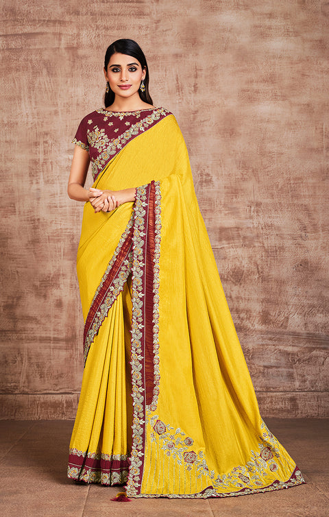 Magnificent Yellow Color Party Wear Silk Designer Saree