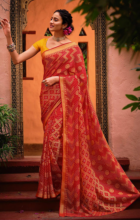 Designer Red/Golden Brasso Printed Saree for Casual Wear (D448)