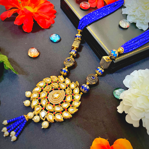 Designer Statement Long Mala Blue Necklace with Kundan Stones (D1002)