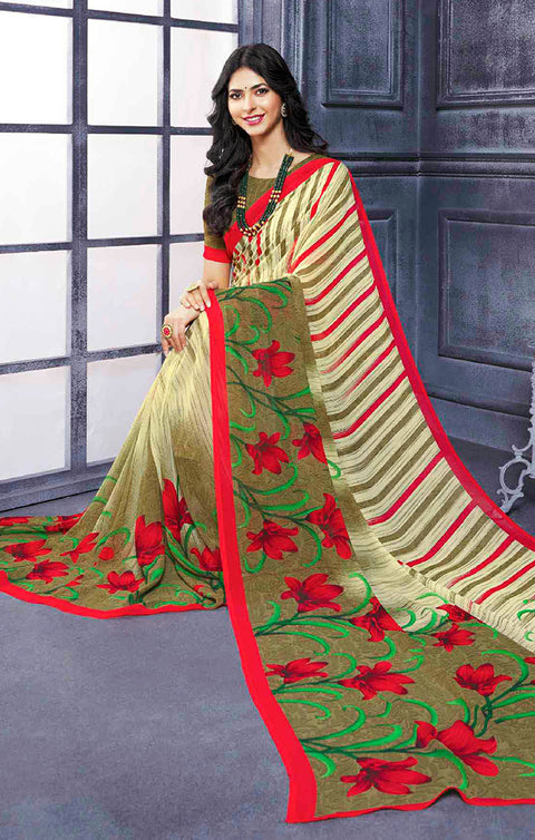 Designer Cream/Red/Green Georgette Printed Saree for Casual Wear (D424)