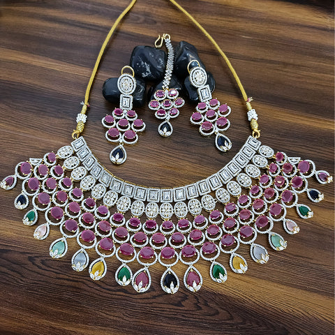 Bridal Multi Color American Diamond Necklace with Earrings (D127) - PAAIE