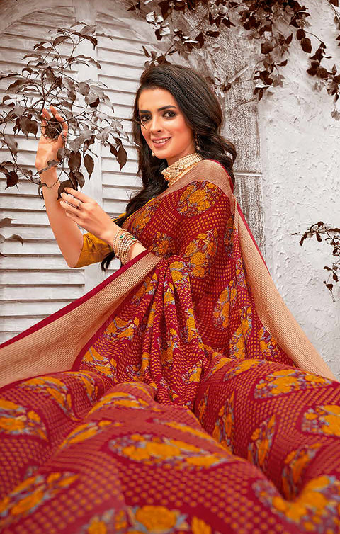 Designer Maroon & Mustard Color Chiffon Saree For Casual & Party Wear (D627)