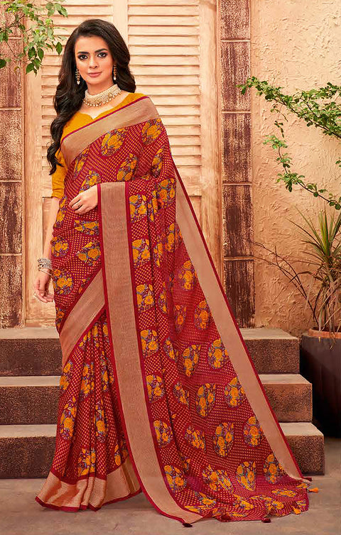 Designer Maroon & Mustard Color Chiffon Saree For Casual & Party Wear (D627)