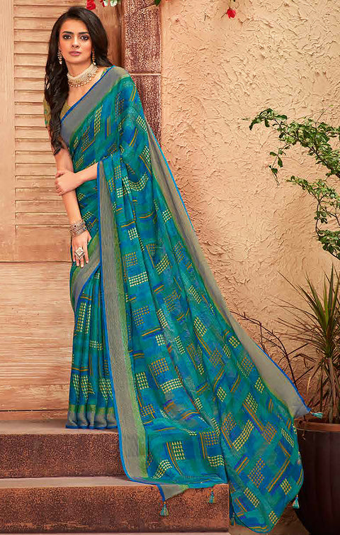 Designer Sea Green & Blue Color Chiffon Saree For Casual & Party Wear (D628)