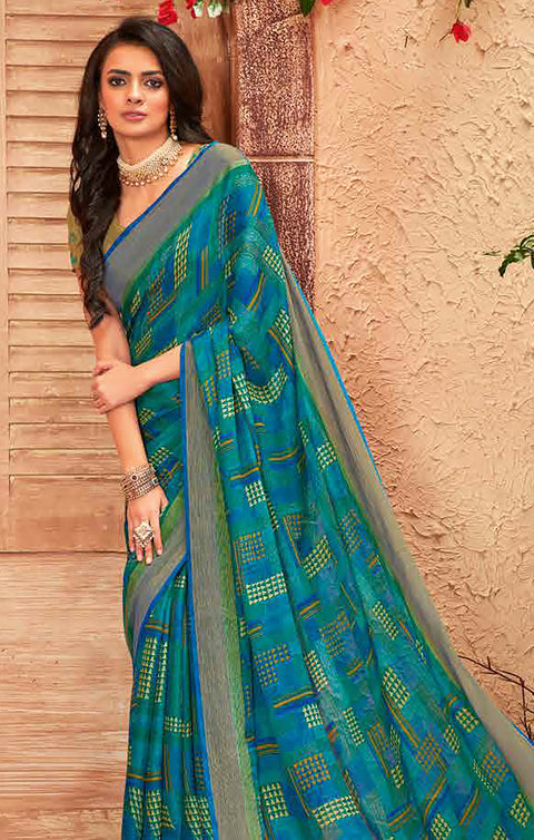 Designer Sea Green & Blue Color Chiffon Saree For Casual & Party Wear (D628)