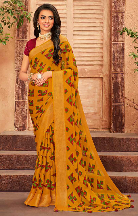 Designer Mustard Yellow & Maroon Color Chiffon Saree For Casual & Party Wear (D630)