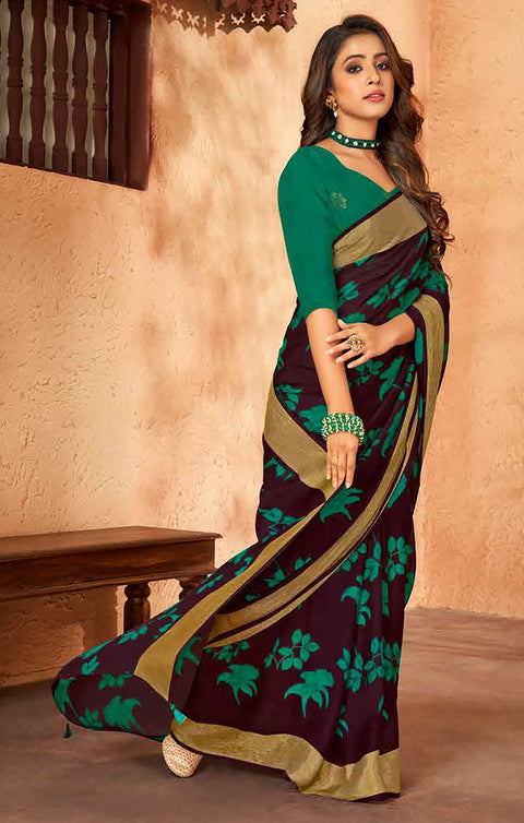 Designer Wine & Green Color Chiffon Saree For Casual & Party Wear (D631)