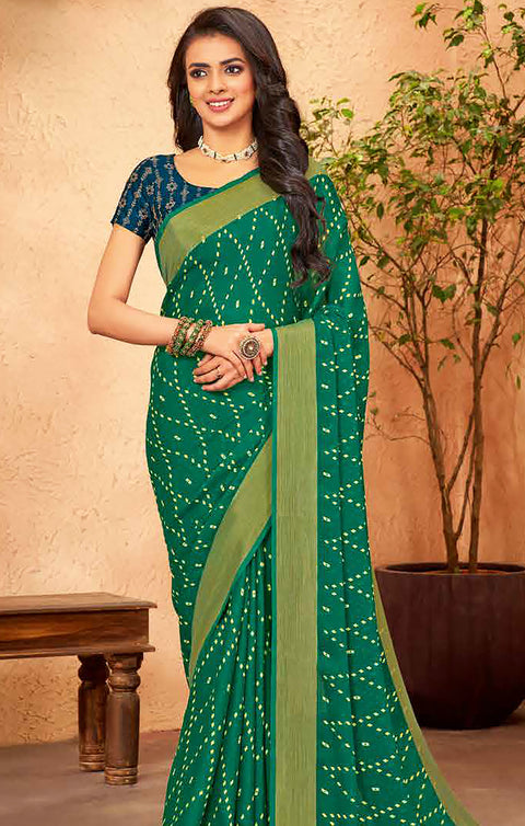 Designer Green & Golden Color Chiffon Saree For Casual & Party Wear (D634)