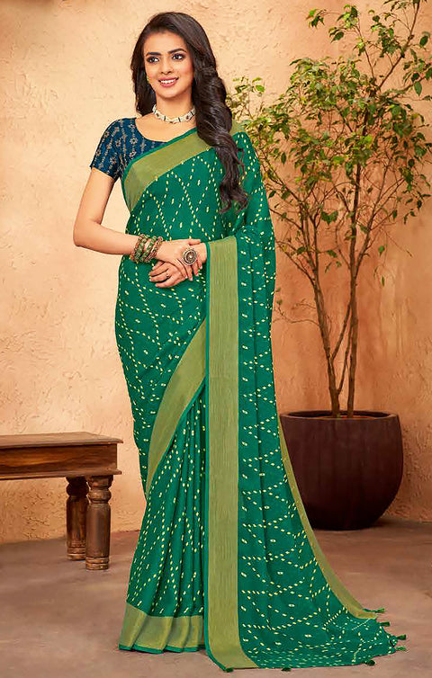 Designer Green & Golden Color Chiffon Saree For Casual & Party Wear (D634)