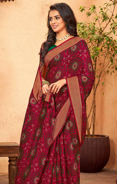Designer Wine Color Chiffon Saree For Casual & Party Wear (D635)