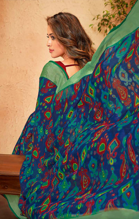 Designer Blue & Green Color Chiffon Saree For Casual & Party Wear (D636)