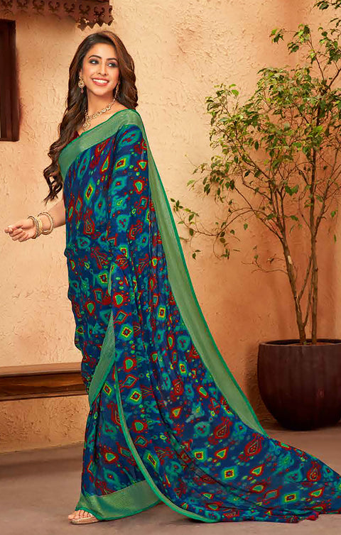 Designer Blue & Green Color Chiffon Saree For Casual & Party Wear (D636)
