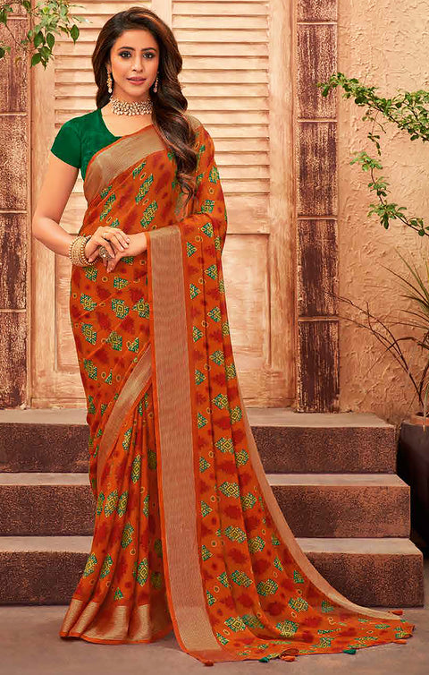 Designer Orange & Green Color Chiffon Saree For Casual & Party Wear (D637)
