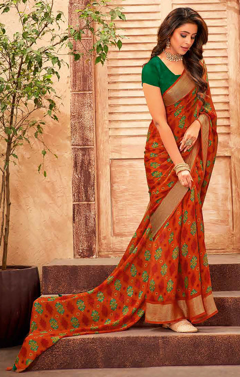 Designer Orange & Green Color Chiffon Saree For Casual & Party Wear (D637)