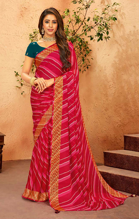 Designer Pink & Golden Color Chiffon Saree For Casual & Party Wear (D640)