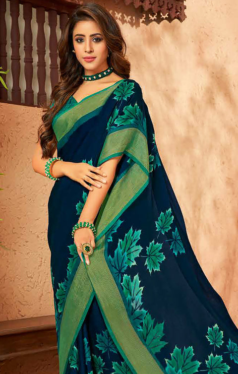 Designer Navy Blue & Green Color Chiffon Saree For Casual & Party Wear (D641)