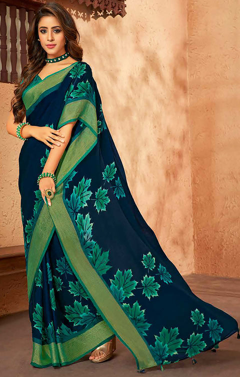 Designer Navy Blue & Green Color Chiffon Saree For Casual & Party Wear (D641)