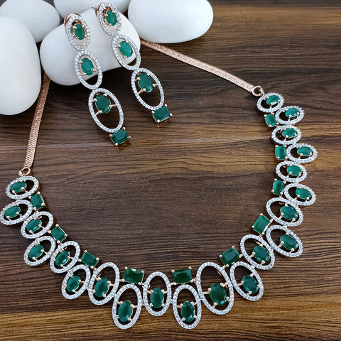 Green Color American Diamond Necklace with Earrings (D131) - PAAIE