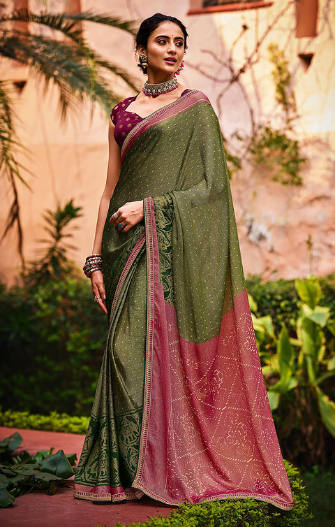Designer Green/Pink Brasso Printed Saree for Casual Wear (D449)