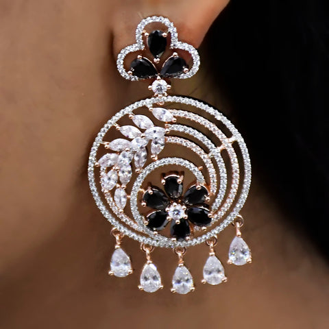 Black Stone Gold American Diamond Contemporary Earrings (E118) - PAAIE