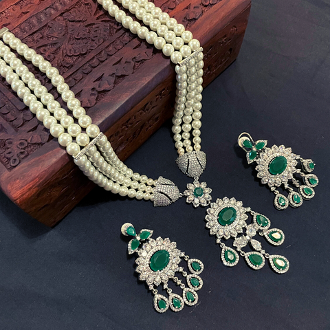 Green Color Gold American Diamond Necklace with Earrings (D116)