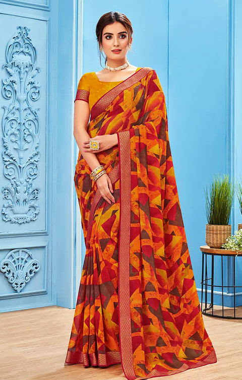 Designer Yellow/Red Georgette Printed Saree for Casual Wear (D492)