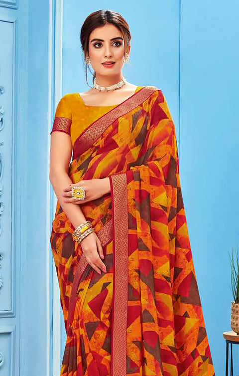 Designer Yellow/Red Georgette Printed Saree for Casual Wear (D492)