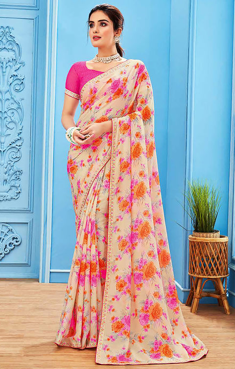 Designer Cream/Pink Georgette Printed Saree for Casual Wear (D493)