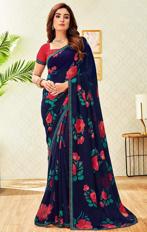 Designer Navy Blue Georgette Printed Saree for Casual Wear (D494)