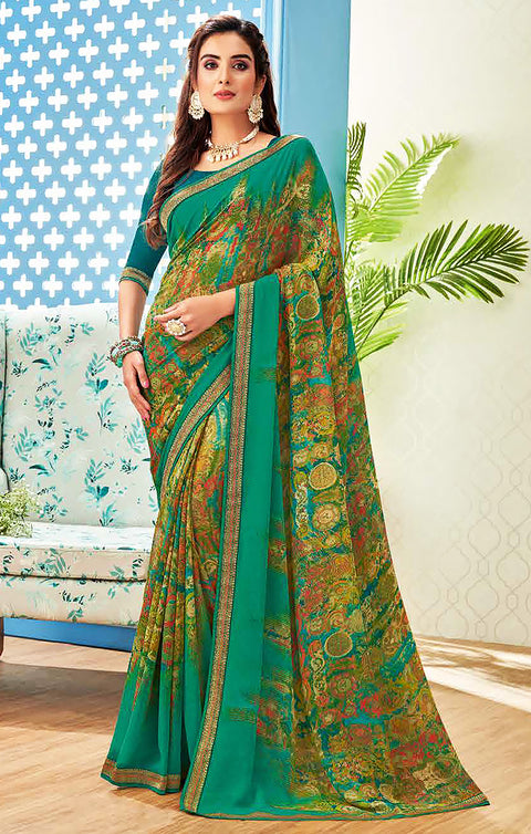 Designer Green Georgette Printed Saree for Casual Wear (D501)