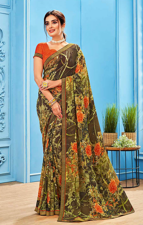 Designer Olive/Orange Georgette Printed Saree for Casual Wear (D503)