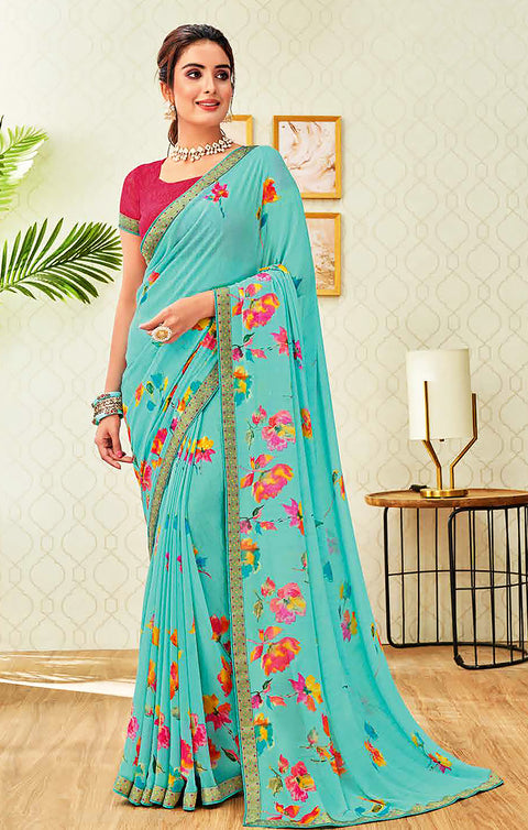Designer Sea Green Georgette Printed Saree for Casual Wear (D507)