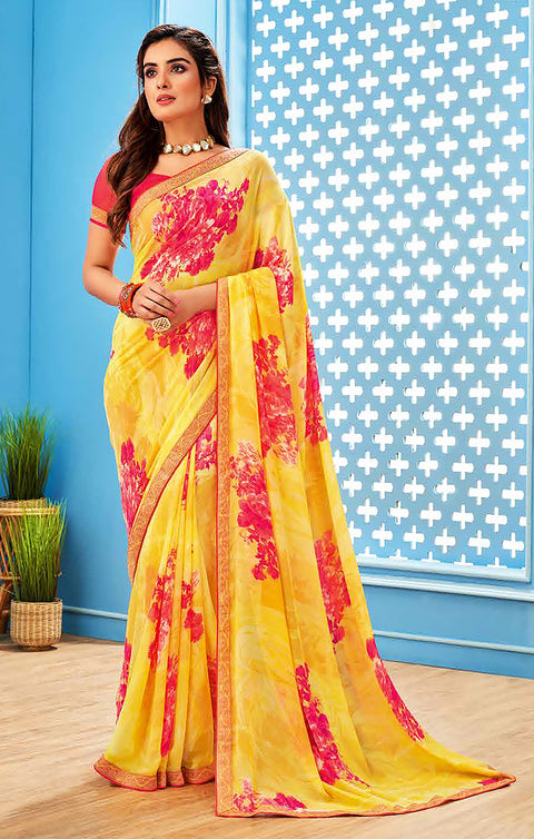 Designer Yellow/Pink Georgette Printed Saree for Casual Wear (D510)