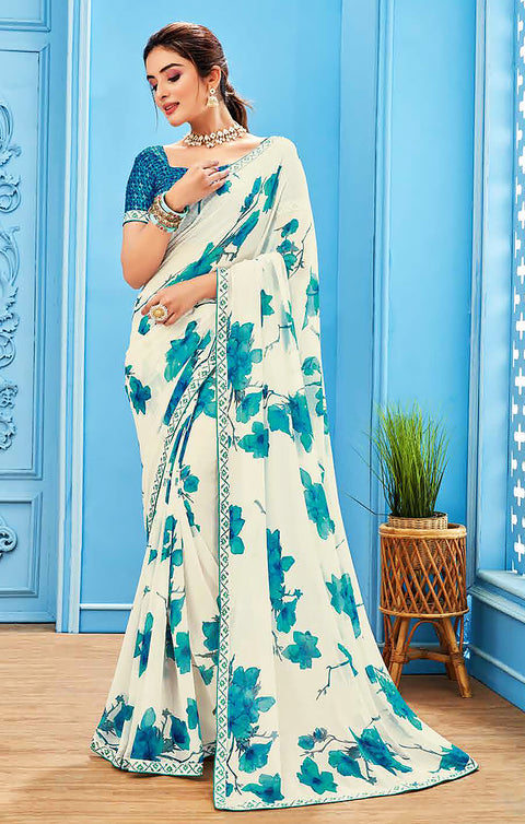 Designer White/Blue Georgette Printed Saree for Casual Wear (D512)