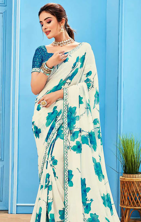 Designer White/Blue Georgette Printed Saree for Casual Wear (D512)