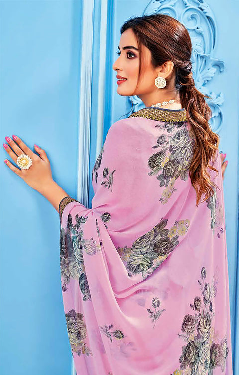 Designer Pink/Gray Georgette Printed Saree for Casual Wear (D514)