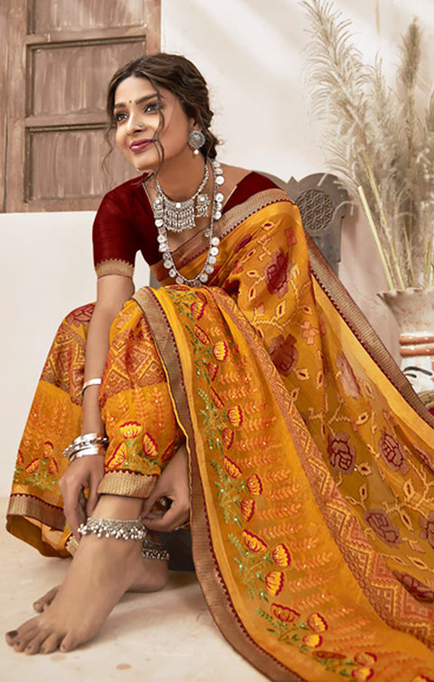 Designer Yellow & Maroon Color Printed Saree For Casual & Party Wear (D646)