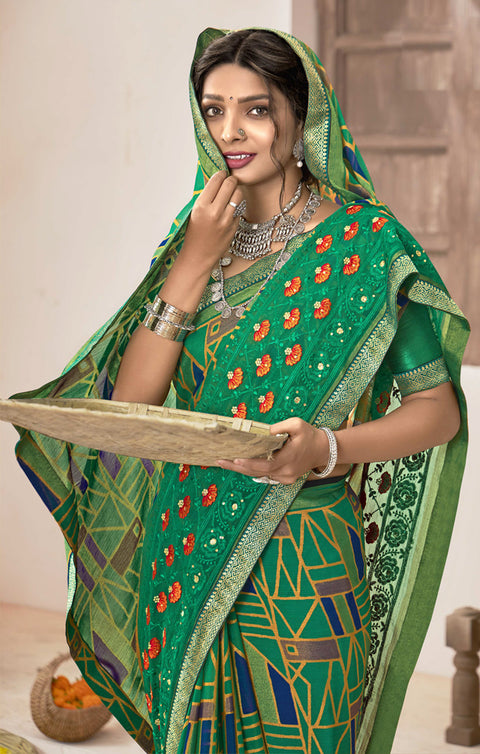 Designer Green & Golden Color Printed Saree For Casual & Party Wear (D647)