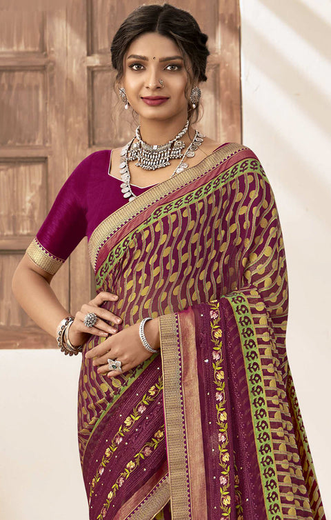 Designer Wine Color Printed Saree For Casual & Party Wear (D648)