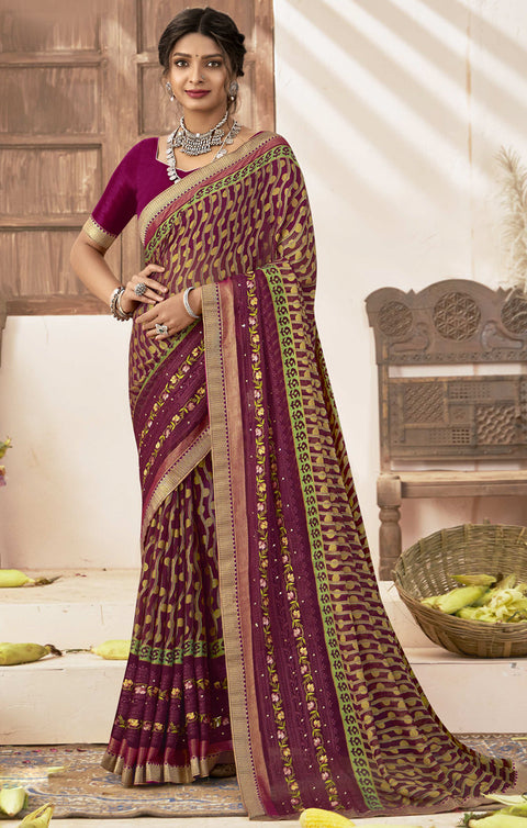 Designer Wine Color Printed Saree For Casual & Party Wear (D648)