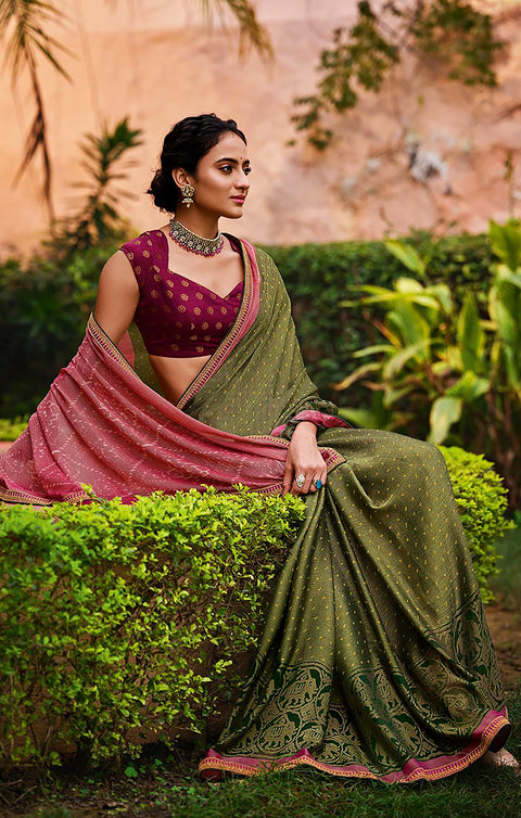 Designer Green/Pink Brasso Printed Saree for Casual Wear (D449)