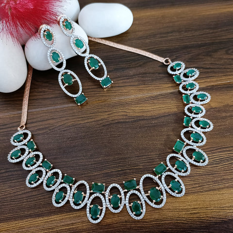 Green Color American Diamond Necklace with Earrings (D131) - PAAIE