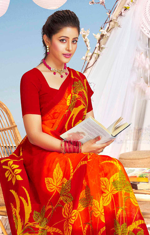 Designer Orange/Red Georgette Printed Saree for Casual Wear (D413)