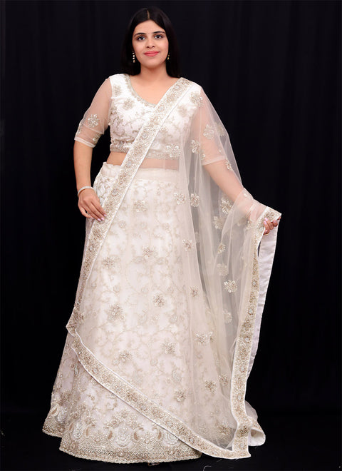 Designer Wedding Affair Off- White Heavy Embroidered Net Lehenga Choli (D138)