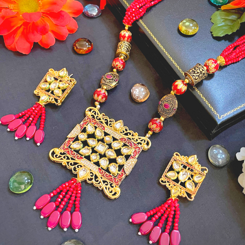 Designer Long Red Necklace with Kundan Stones (D1008)