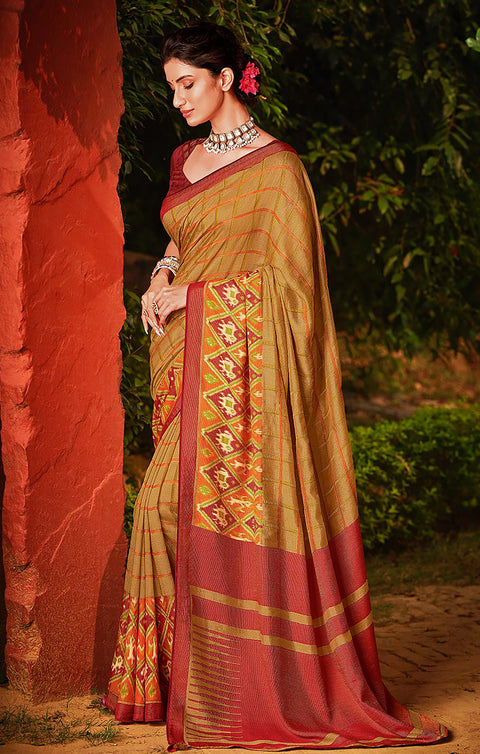 Designer Golden/Red Brasso Printed Saree for Casual Wear (D451)