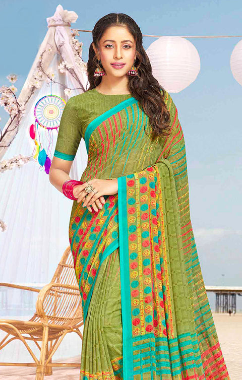 Designer Olive Green Georgette Printed Saree for Casual Wear (D414)