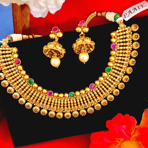 Designer Golden Necklace Studded with Semi-Precious Gemstones (D1009)